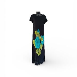 vintage Carole Little black embroidered blue floral print maxi dress